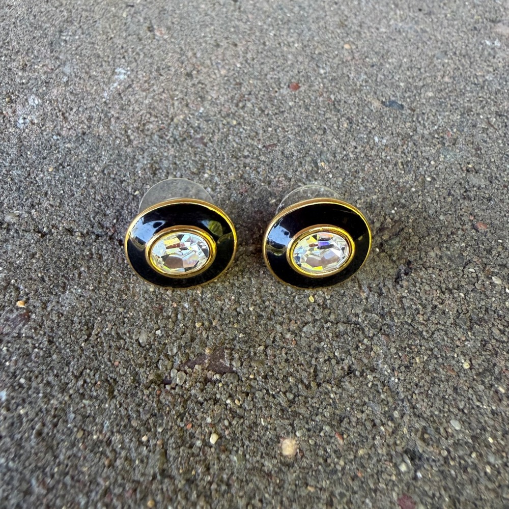Monet Stud Earrings Womens Gold Black Enamel Crystal Round Vintage